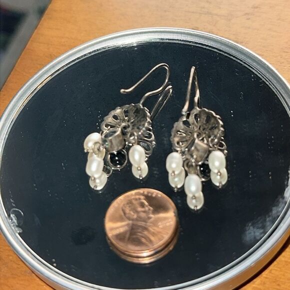 Dark Silver Tone and Faux Pearl Drop Wire Earrings - Picture 4 of 4